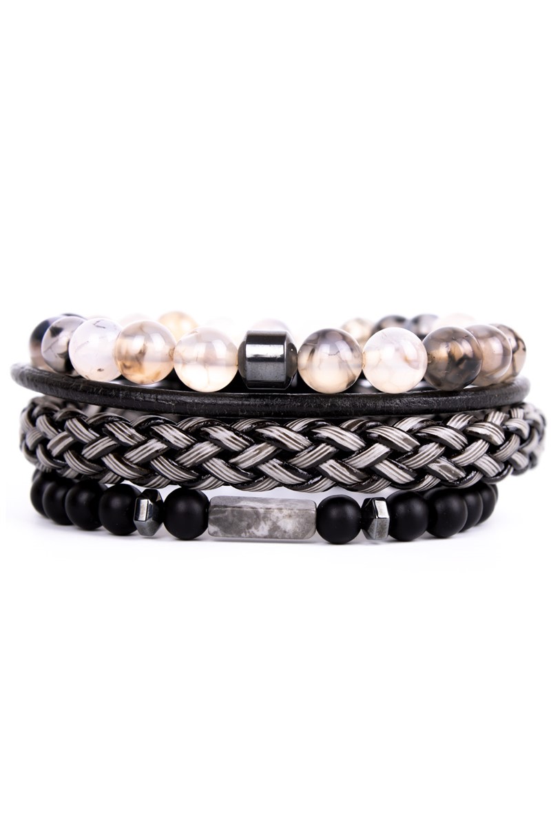 Unisex Set of 3 Agate and Onyx Natural Stone Bracelets - Grey-Black #360952