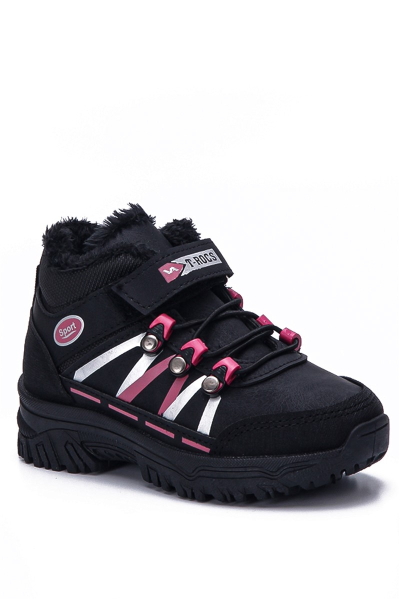 Kinder Stiefel mit Lammfell BL03 - schwarz und rosa #363255