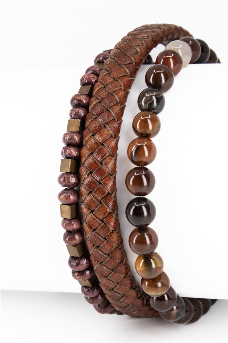 Natural Stone & Genuine Leather Bracelet Set of 3 for Men EYY1139 - Multicolor #366386