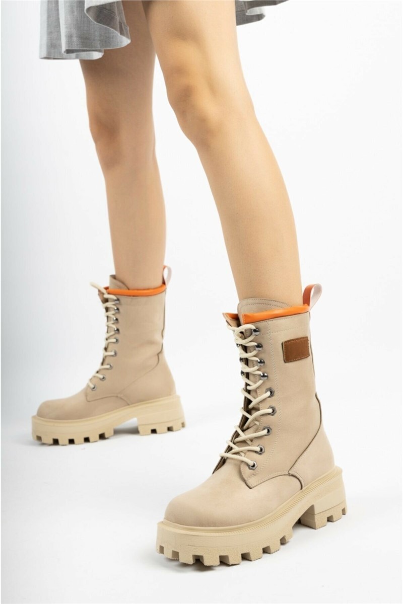 Women's Lace Up Boots EM2391 - Beige #360823