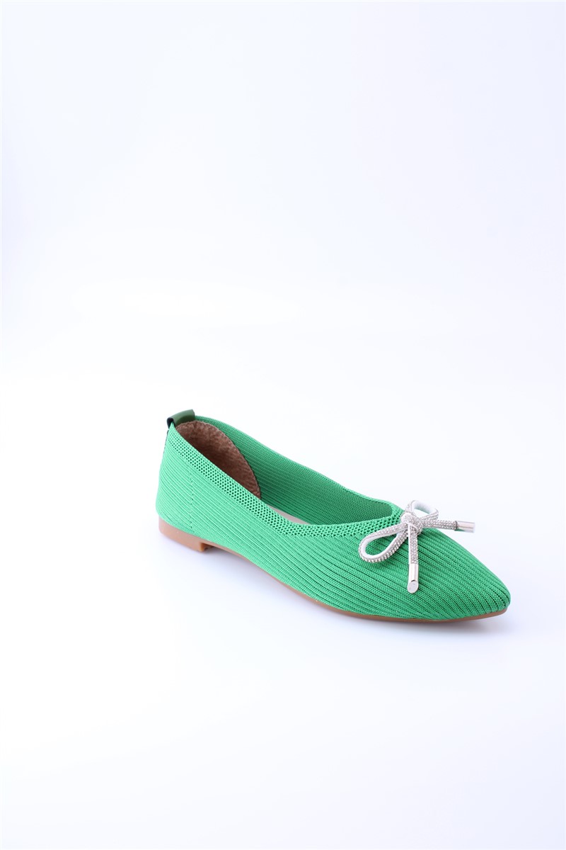 Women's Textile Ballet Flats with Decorative Ribbon EM5071 - Green #360855