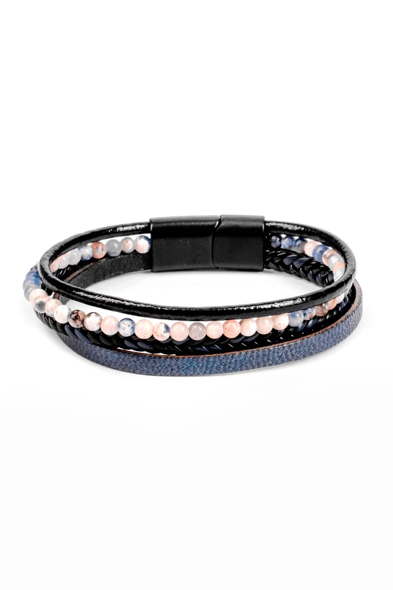 Men's Set of 3 Leather and stone bracelets - Light blue 20230901005