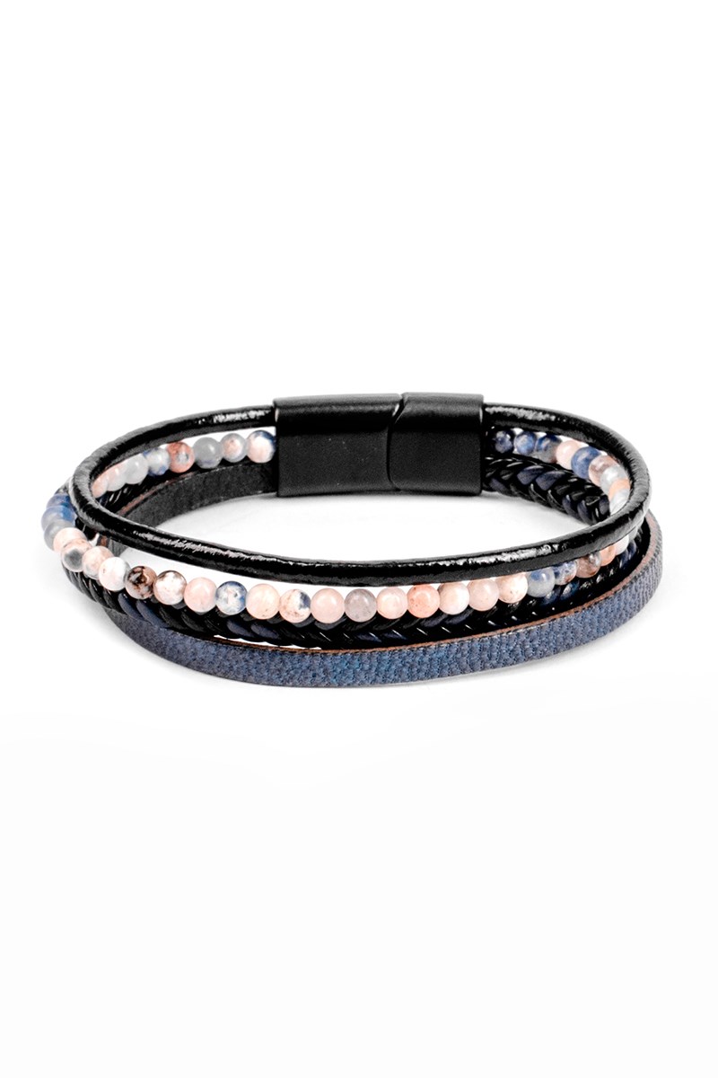 Conjunto masculino de pulseiras em couro genuíno e miçangas - Preto-Azul 20230901005