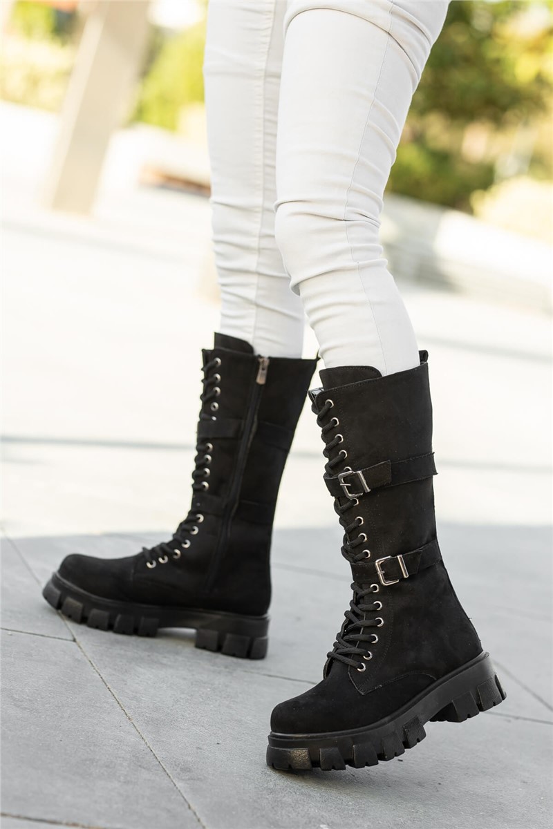 Women's Suede Lace Up Side Buckle Boots - Black #362376