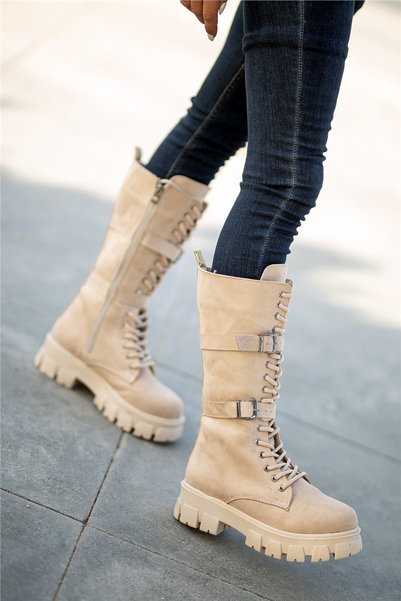 Women's Zip Up Suede Boots - Beige #362377