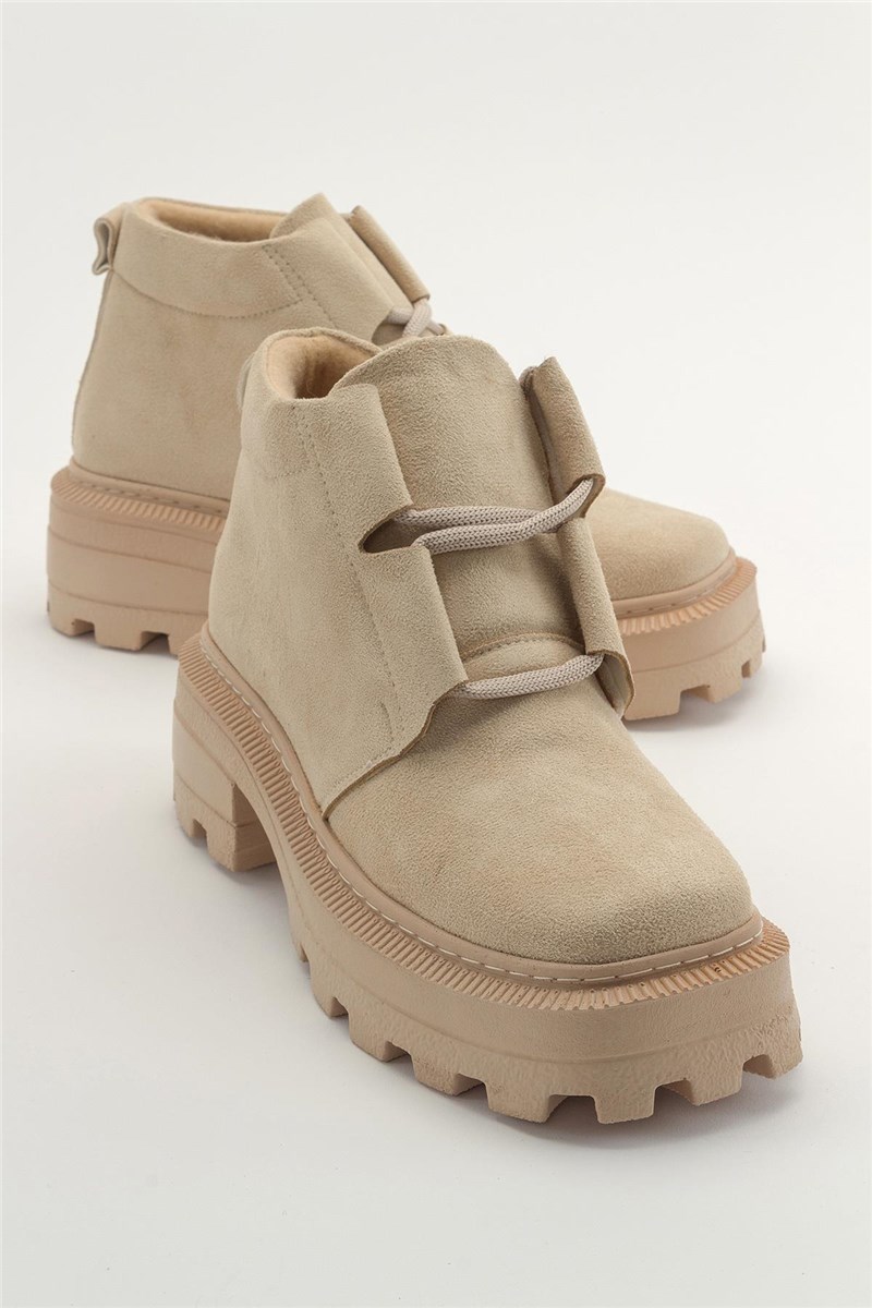 Women's Lace Up Suede Boots - Beige #405052