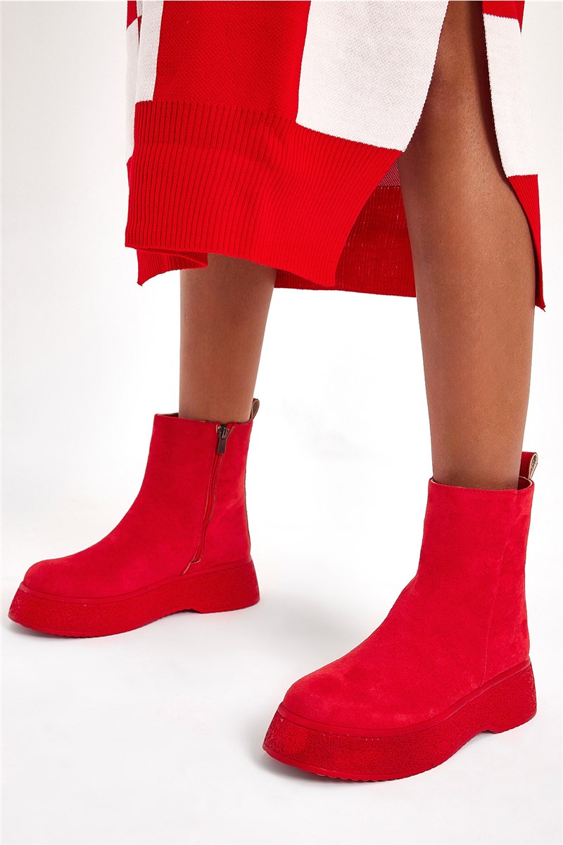 Ženske čizme s patentnim zatvaračem od brušene kože - crvene #406834