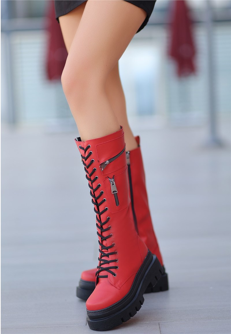 Women's Lace Up Zip Up Boots - Red #412950
