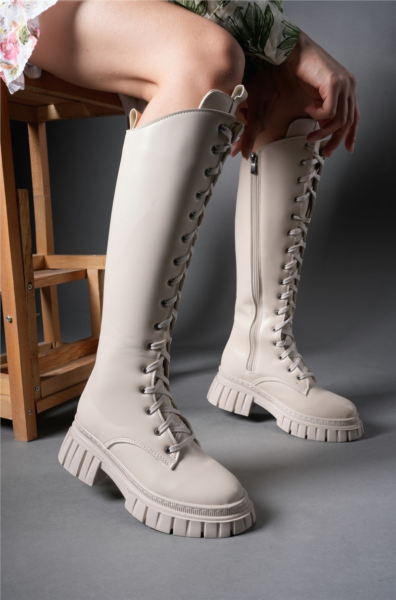 Women's Long Lace Up Boots 00121401 - Light Beige #404854