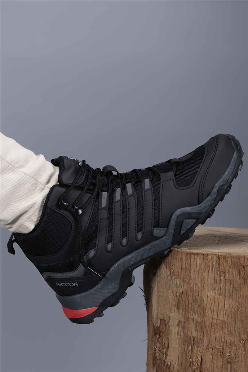 Botas de caminhada masculinas 001272 - pretas com vermelho #405531