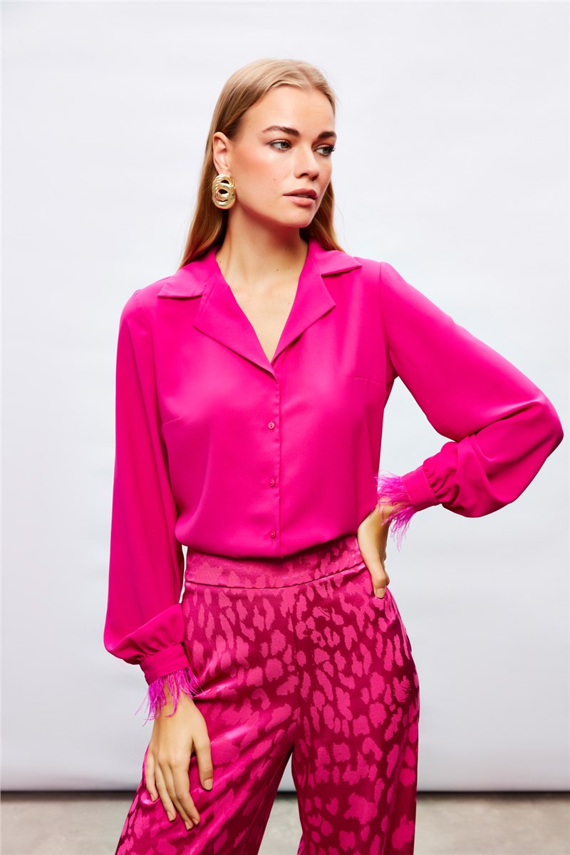 Ženska široka košulja s detaljima od perja - Pink #401650