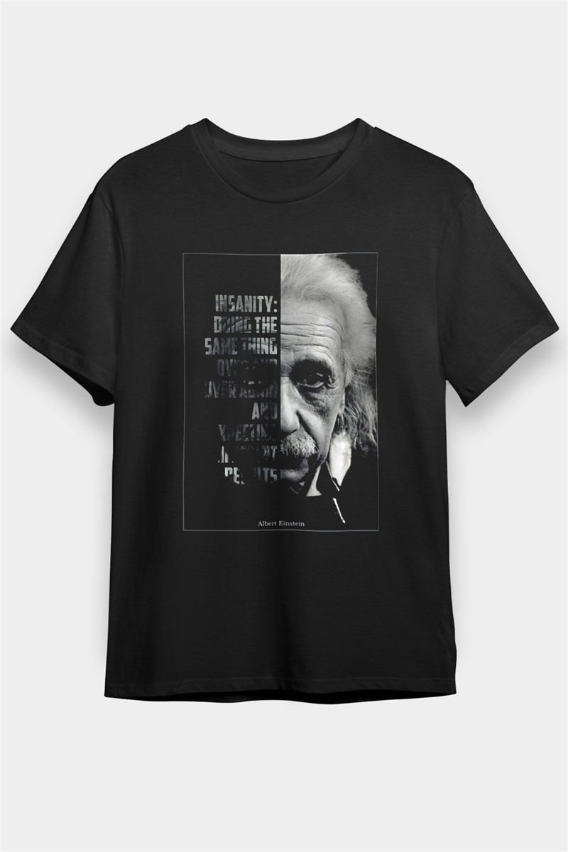 T-shirt nera unisex con stampa mezzo ritratto di Albert Einstein - Tshirt #378029