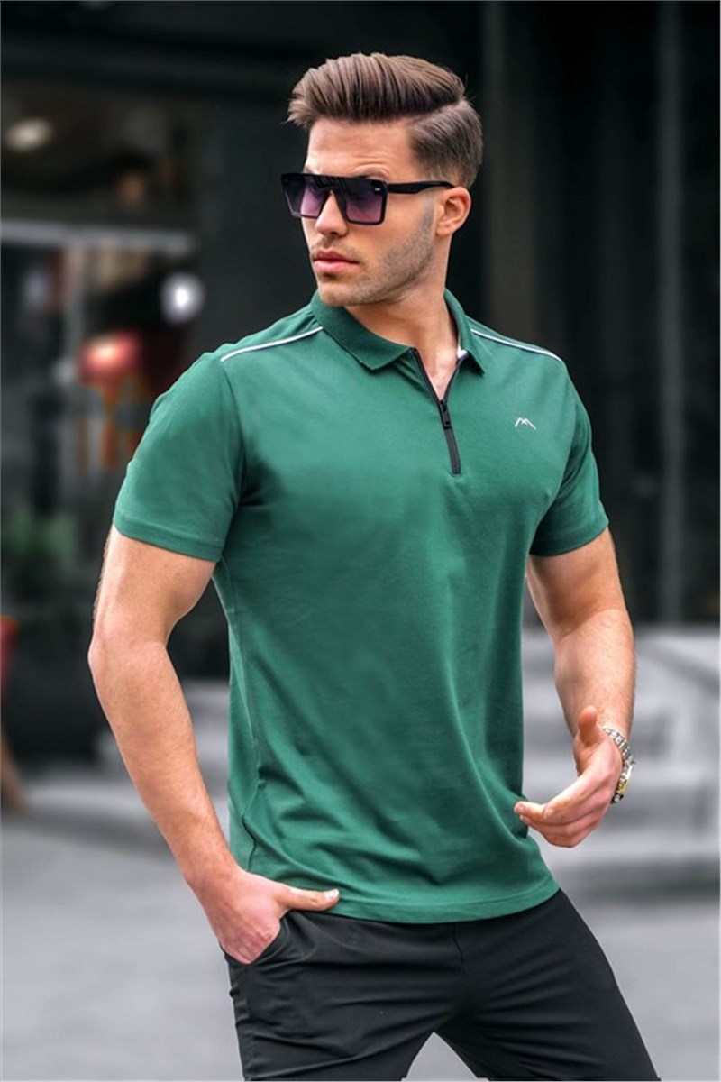 T-shirt da uomo con colletto con zip 6076 - verde scuro #394534