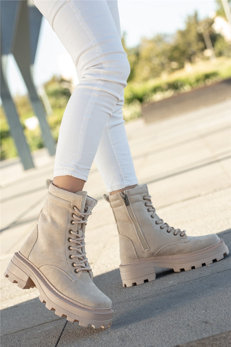 Women's Lace Up Suede Boots - Beige #361481