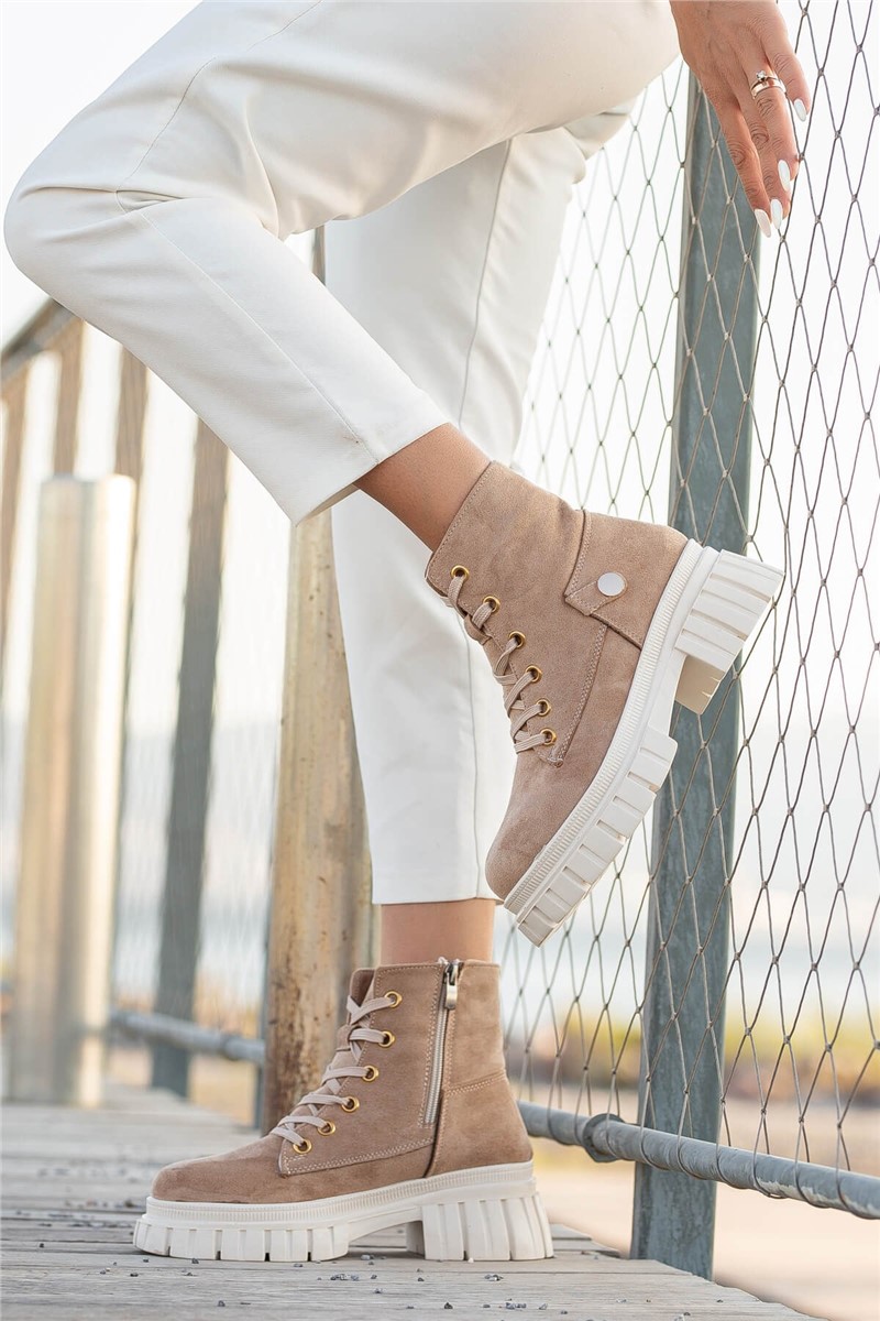 Women's Lace Up Suede Boots - Beige #362001