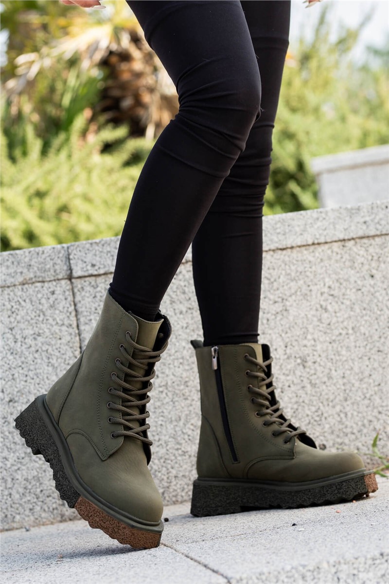 Women's Zip Up Lace Up Boots - Green #362958