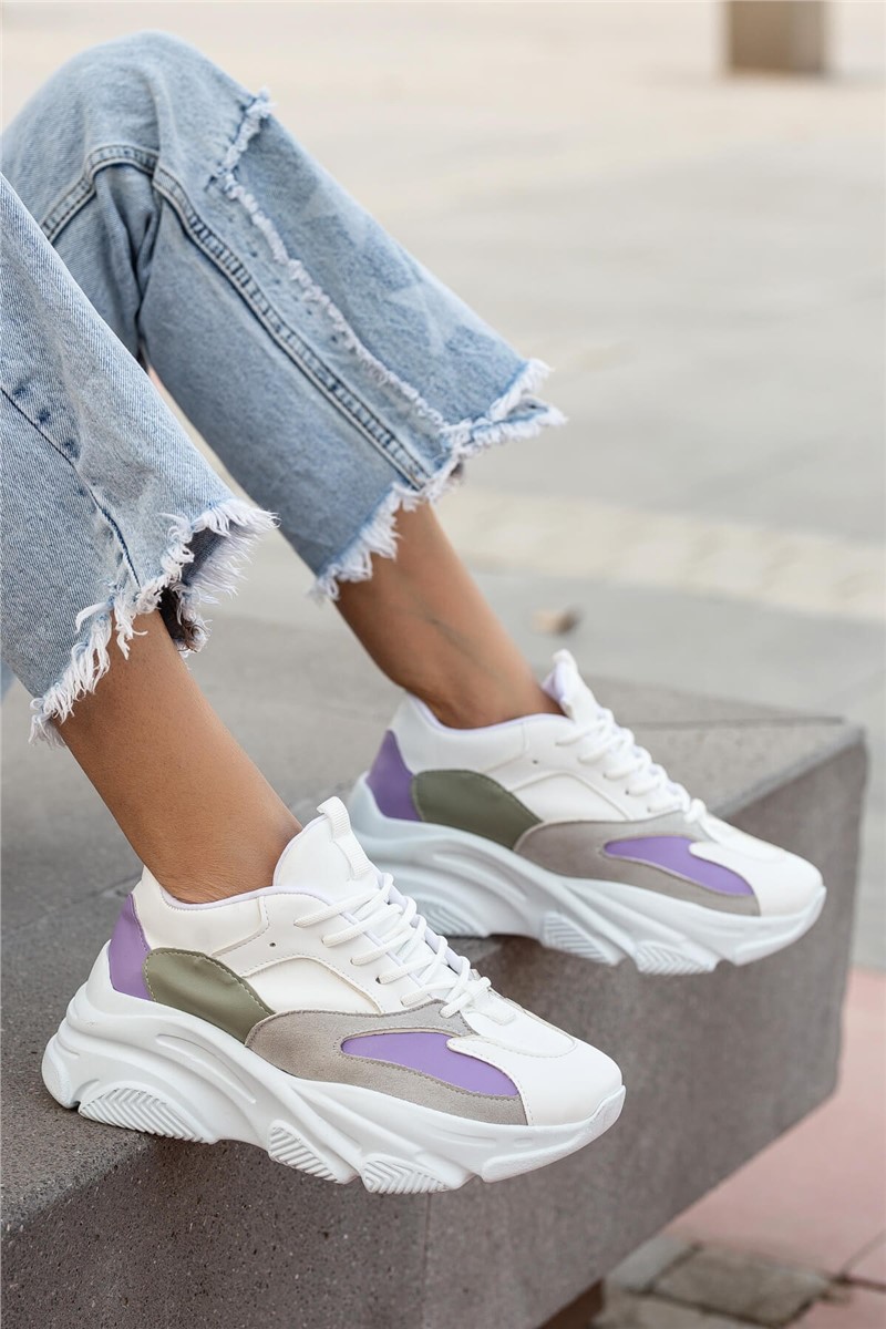 Women's Lace Up Sports Shoes - White with Purple #363827