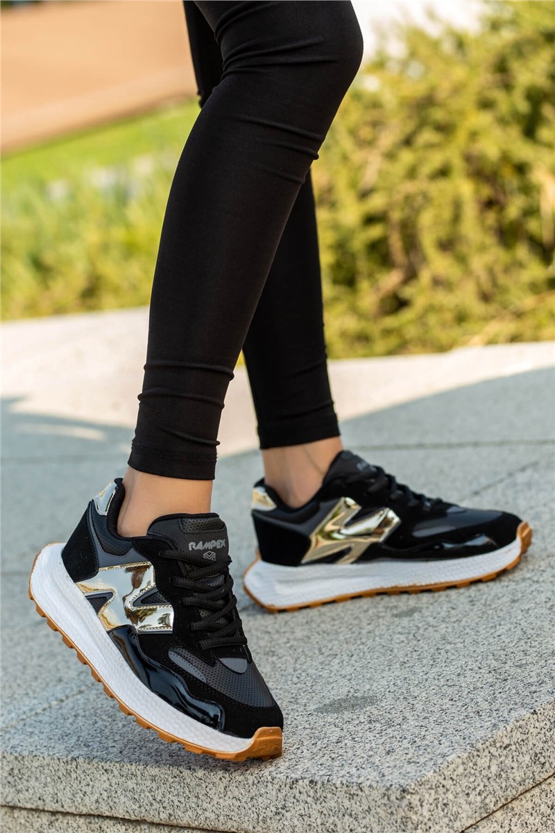 Women's Lace Up Sports Shoes - Black with Gold #362976