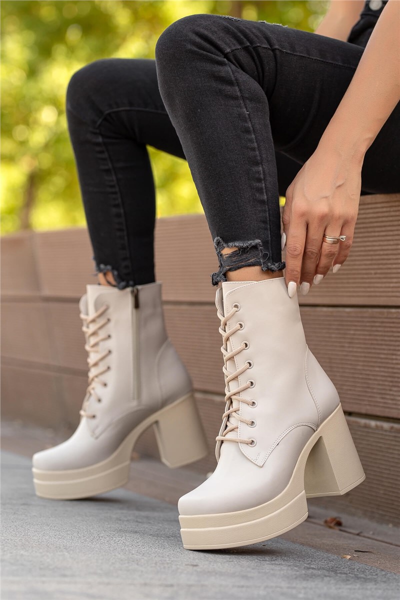 Women's Lace Up High Heel Boots - Light Beige #362418