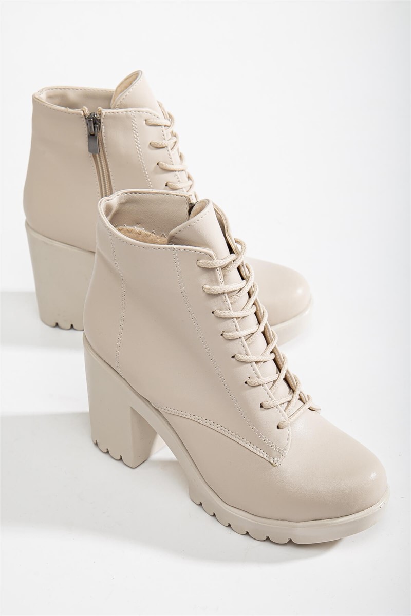Women's Lace Up High Heel Boots - Beige #366145