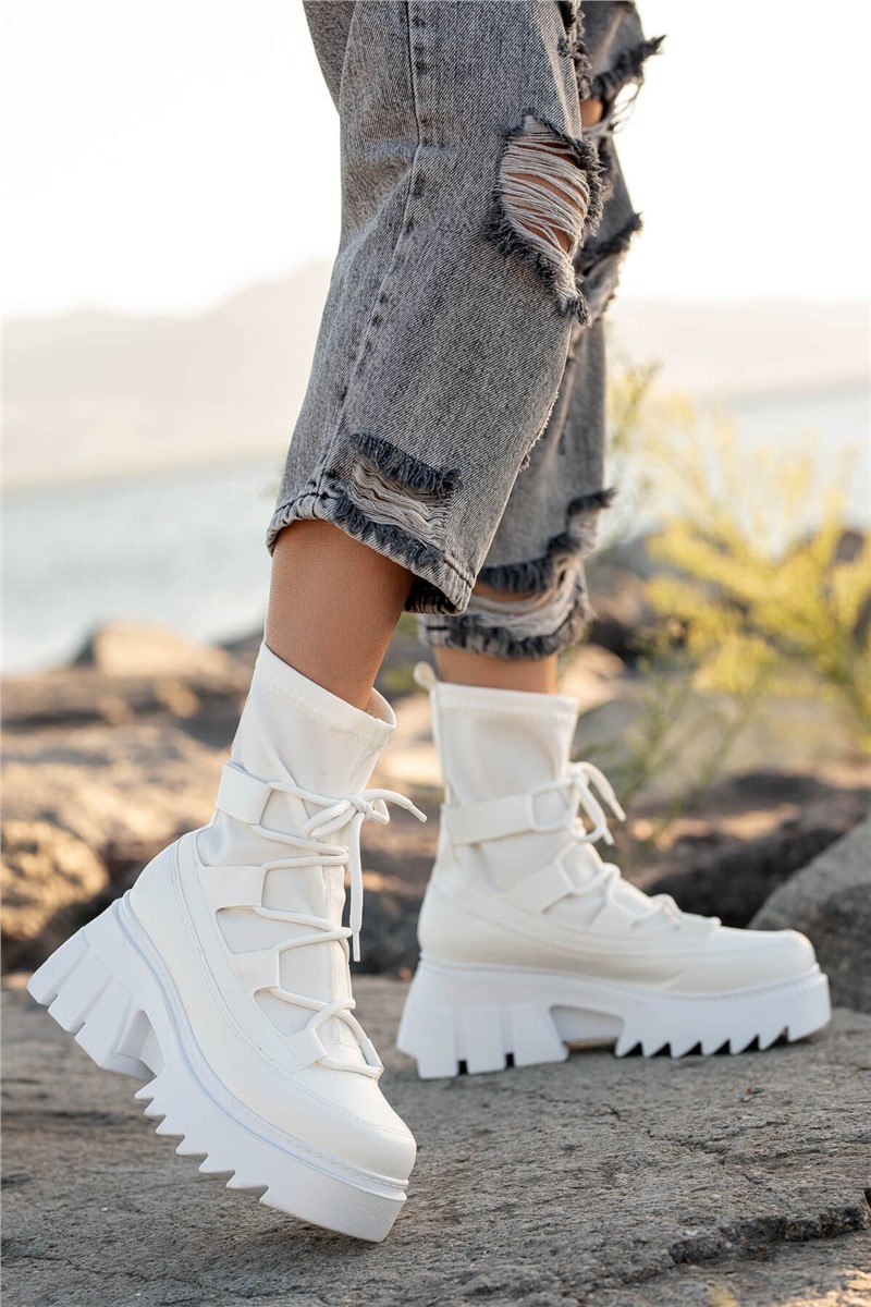 Women's Lace Up Textile Boots - White #361445