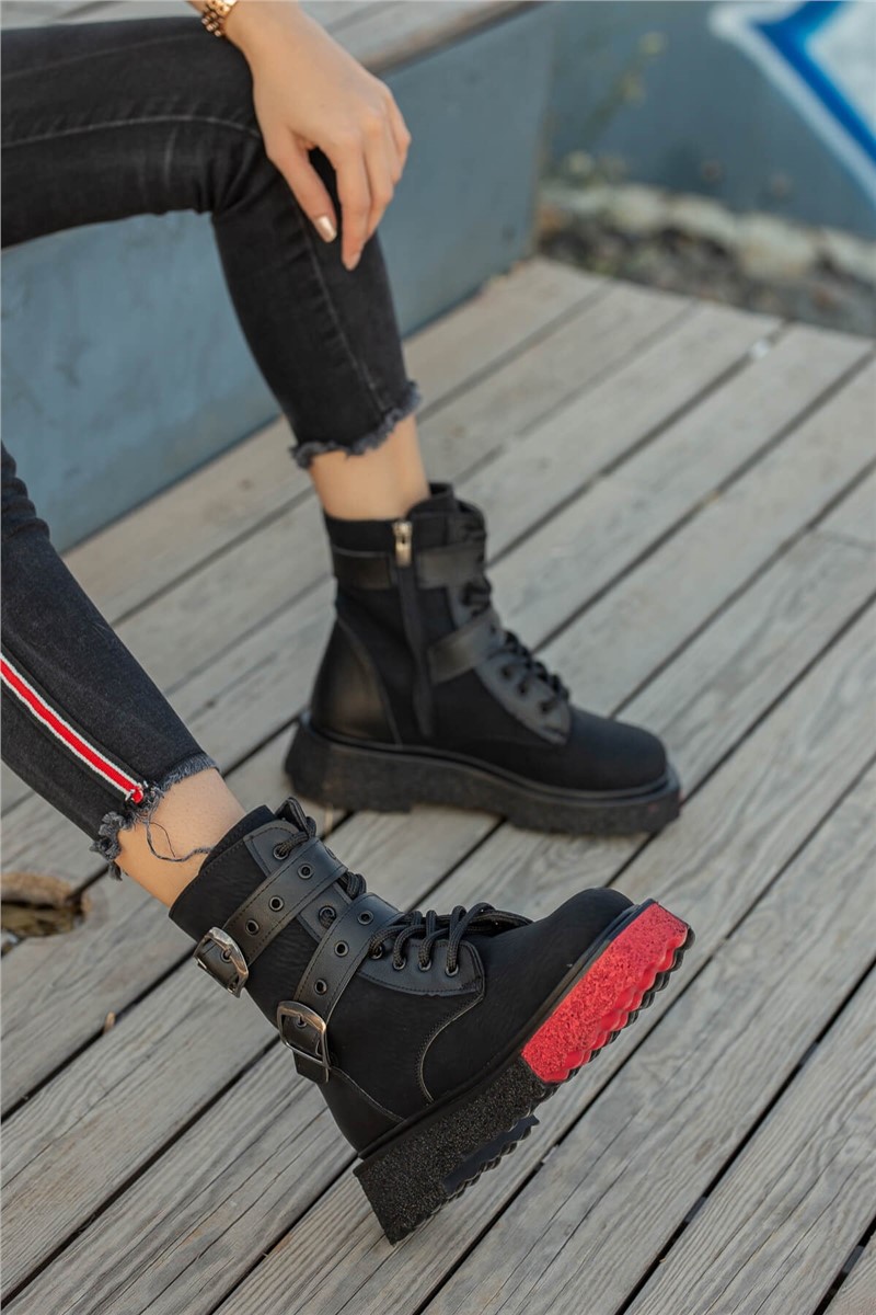 Women's 2 Buckle Lace Up Boots - Black with Red #362000