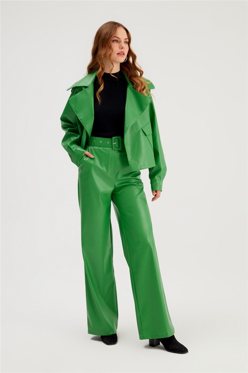 Women's leather pants with belt - Green #365324