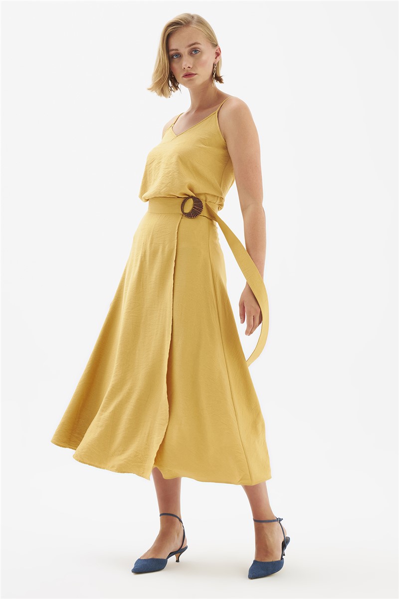Women's Linen Belted Skirt - Saffron Color #334220