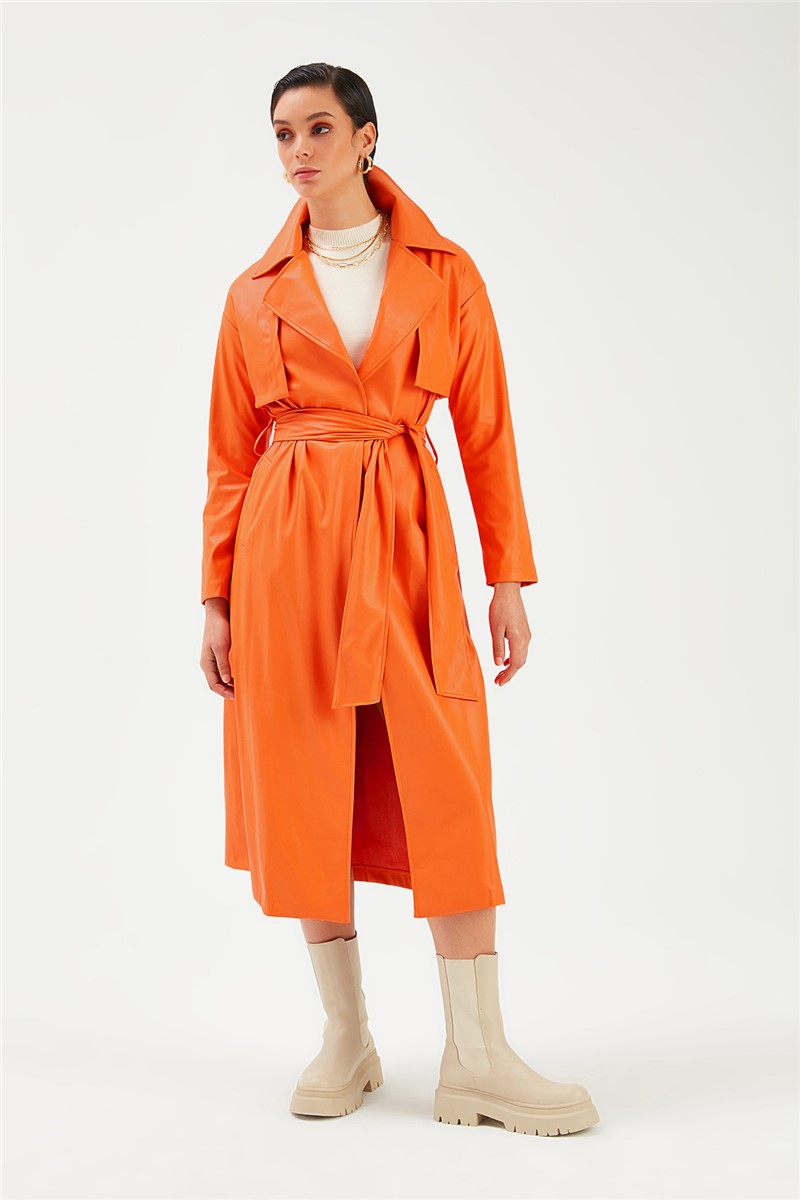 Ženska kožna jakna s remenom - narančasta #364456