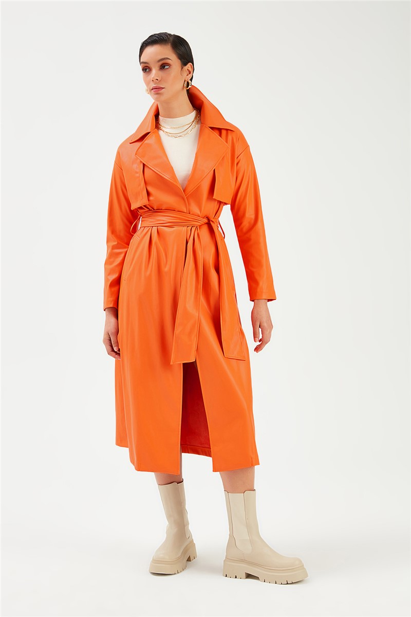 Damen Trenchcoat Leder - orange #364456