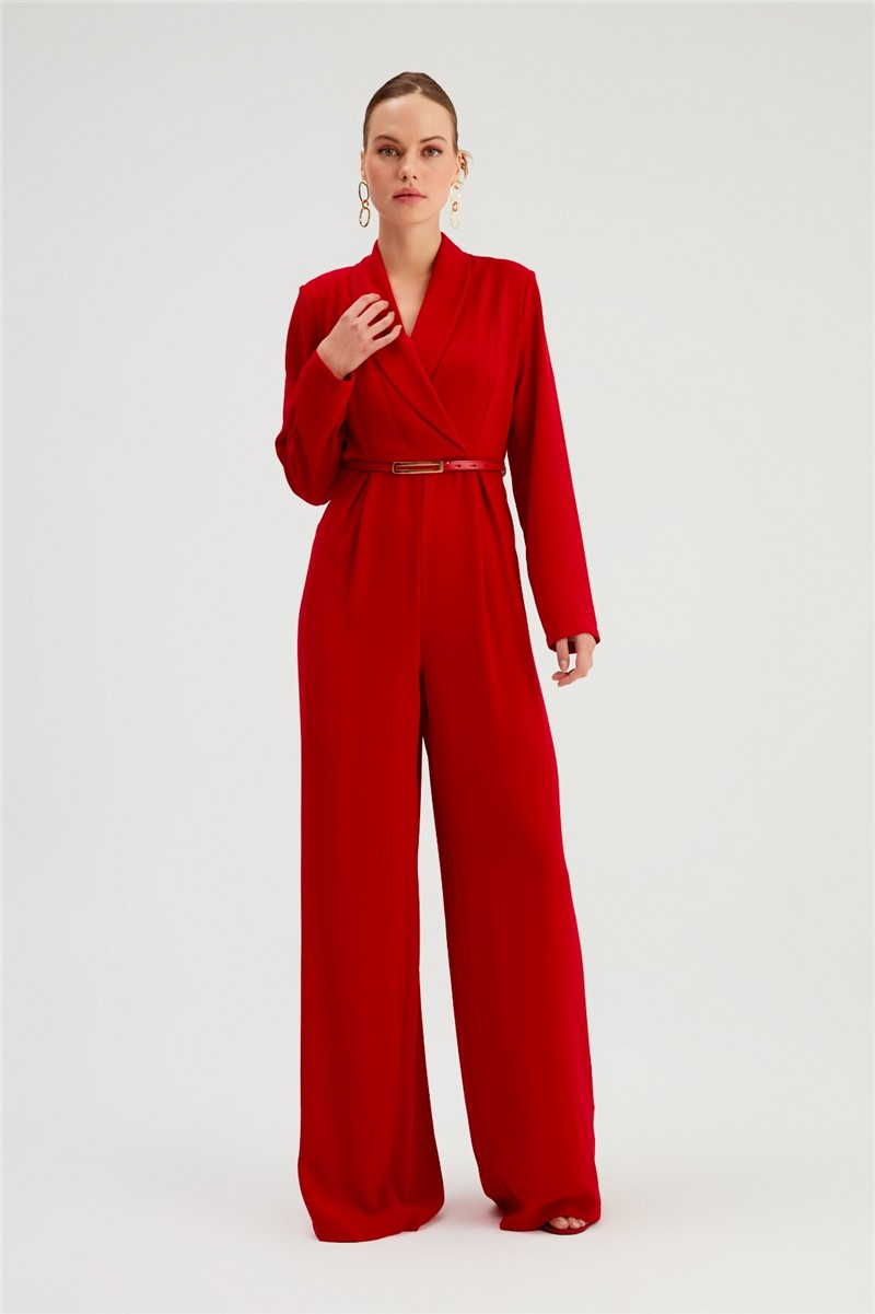 Women's Belted Jumpsuit - Red #365338