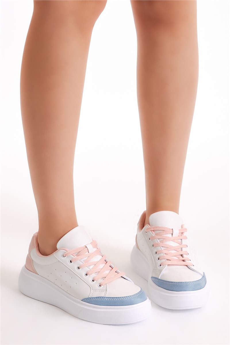 Women's Lace Up Sports Shoes - White with Powder #399064