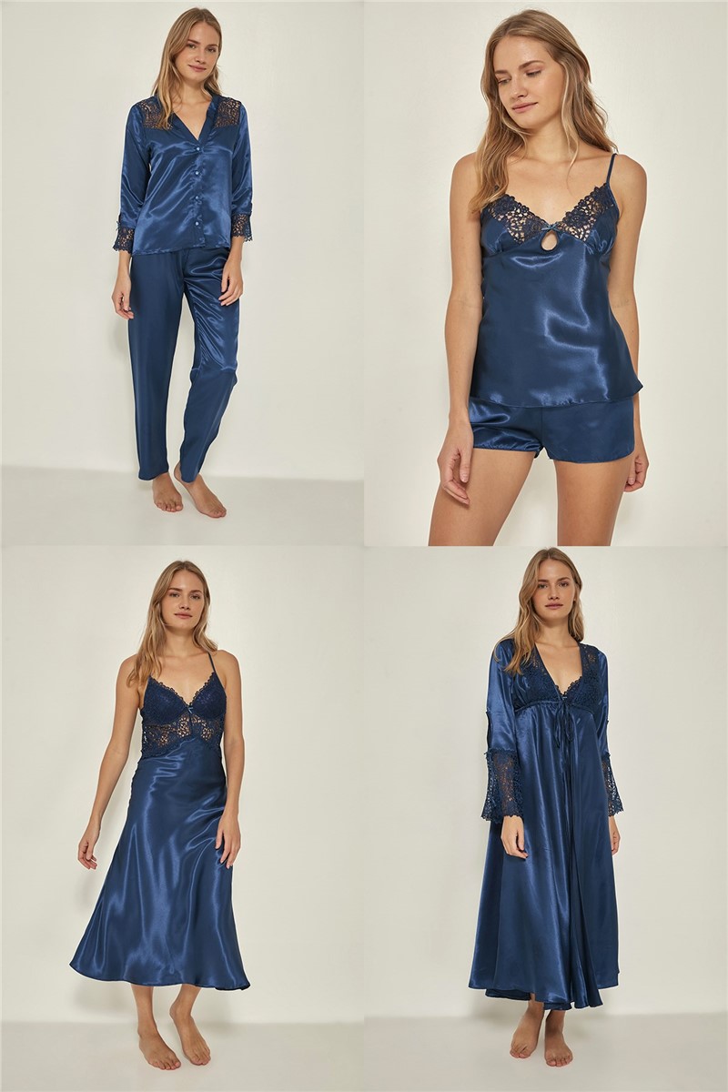 Women's 6 Piece Satin Pajamas 9025 - Dark Blue #364687