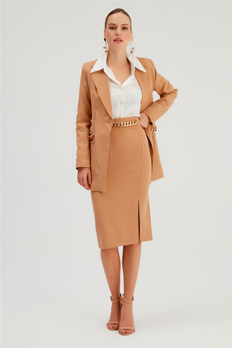 Women's Fitted Skirt With Metallic Detail - Camel #365244