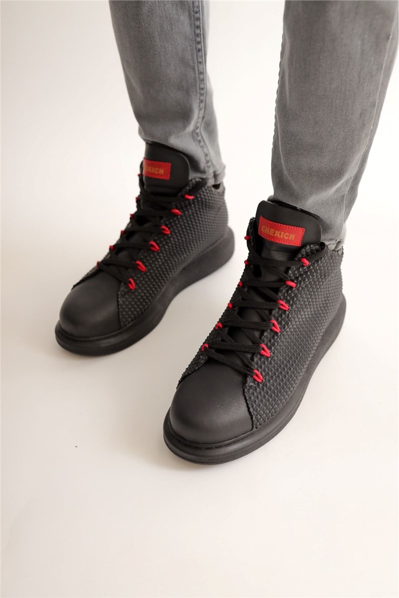 Chekich Men's Lace Up Boots CH111 - Black with Red #364149