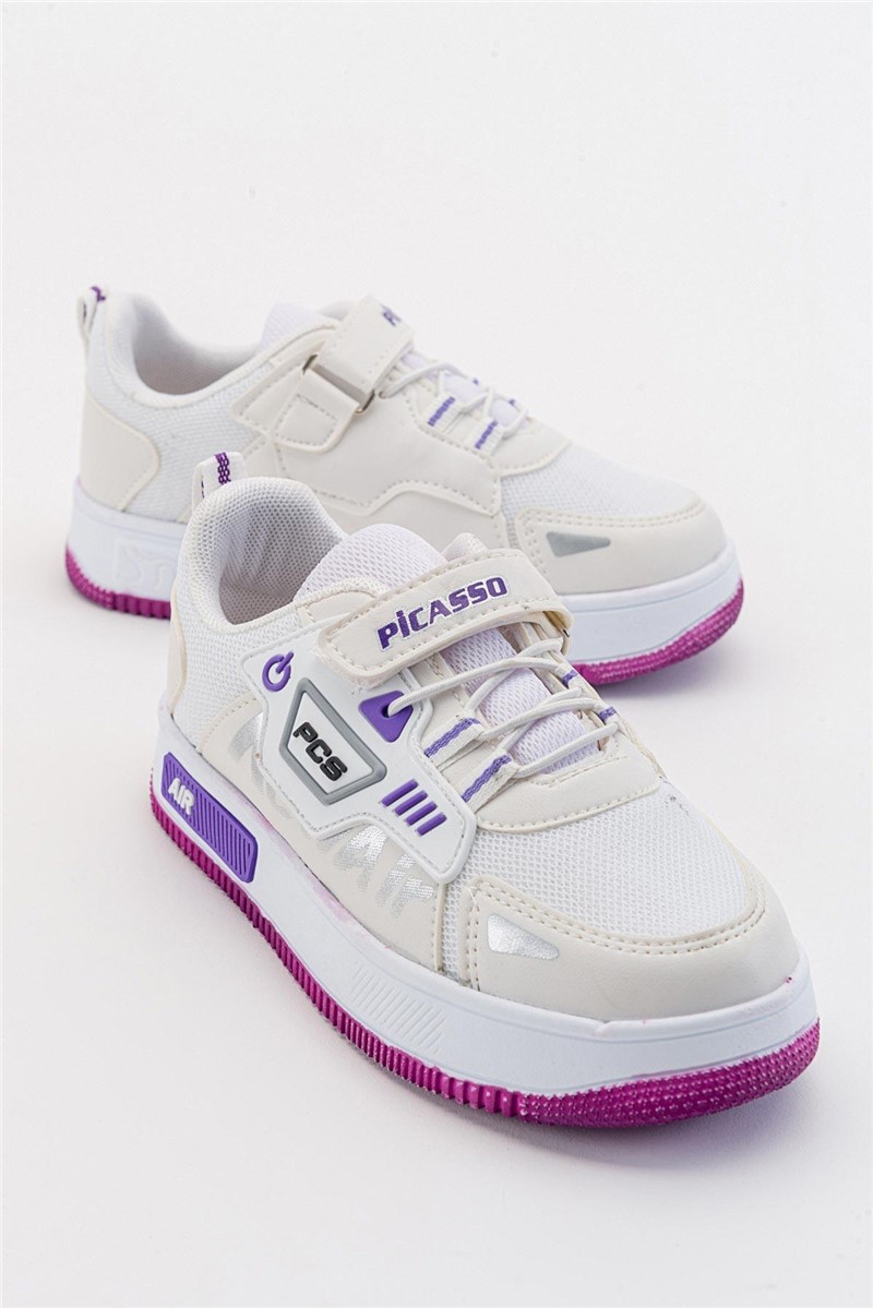 Children's Sports Shoes with Velcro Closure - White with Purple #381912