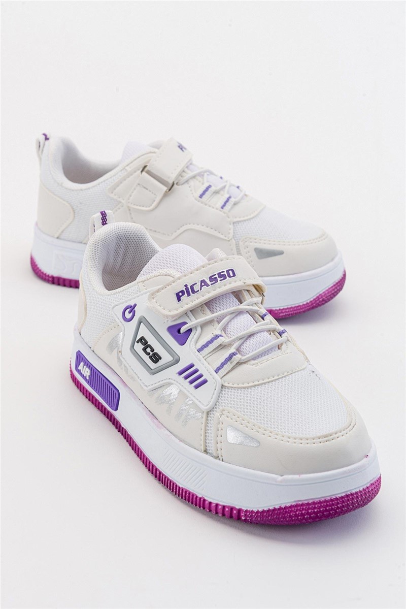 Scarpe Sportive per Bambini con Chiusura in Velcro - Bianche con Viola #381912