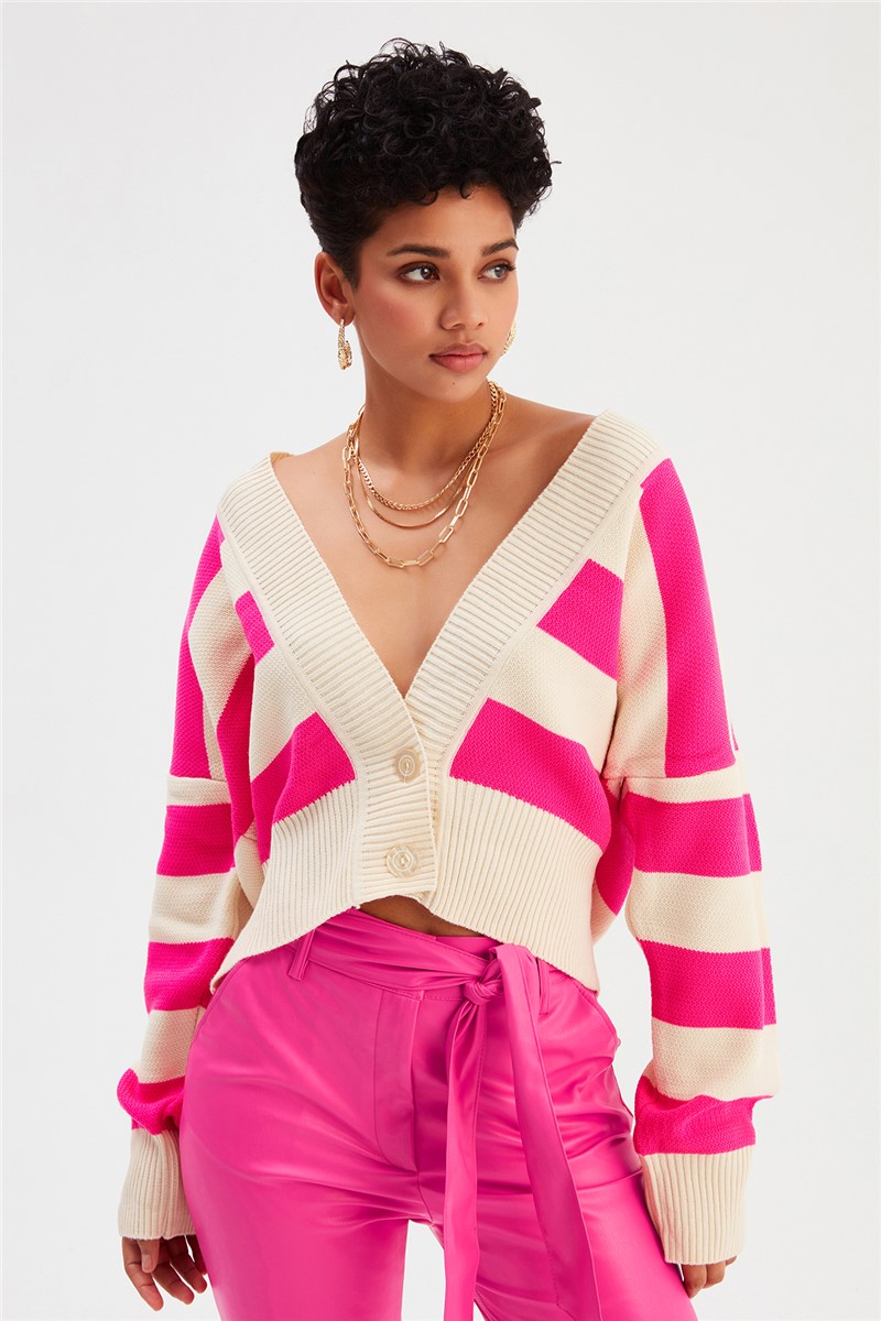 Women's Wide Stripe Cardigan - Beige-Pink #364544