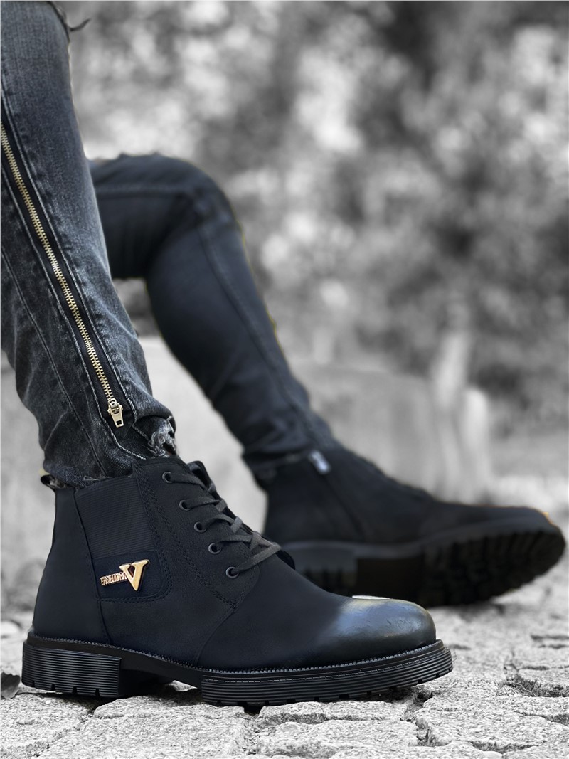 Men's Zip Up Lace Up Boots CO744 - Black #361674