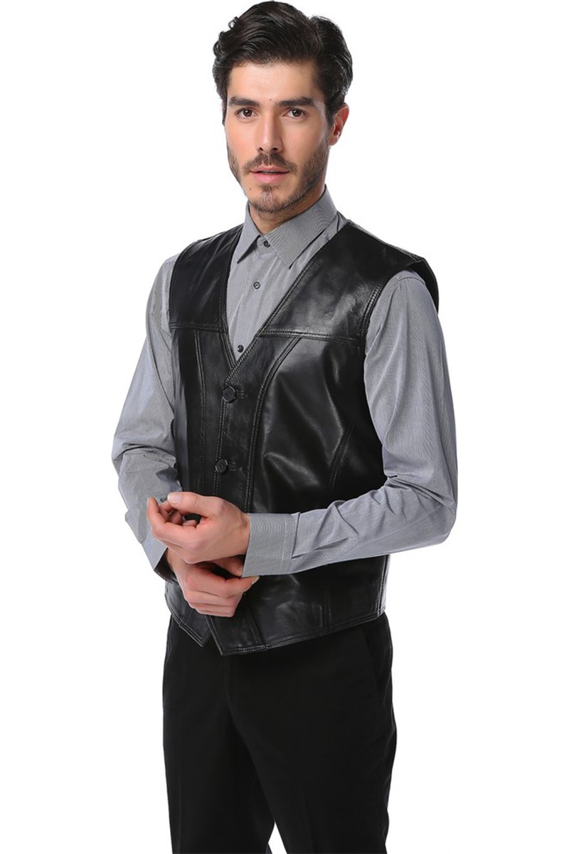 Men's Real Leather Vest - Black #318986