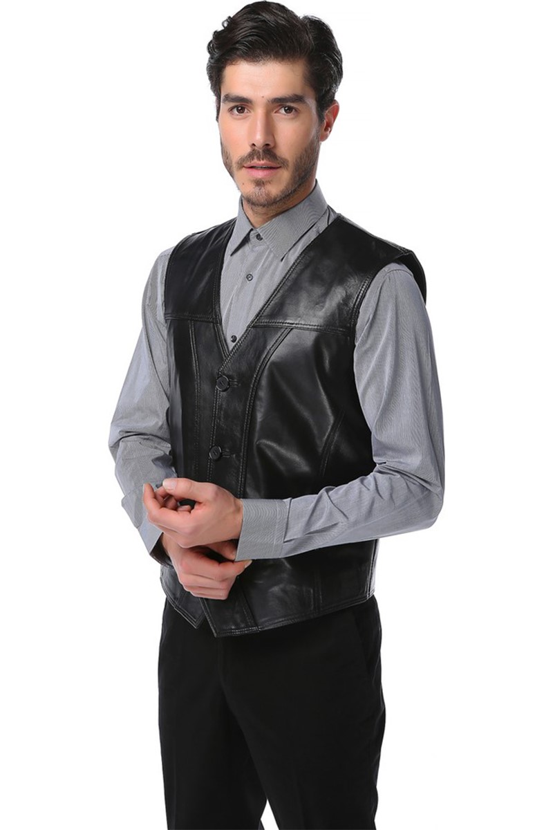 Colete Masculino de Couro Genuíno 2145 - Preto #318986
