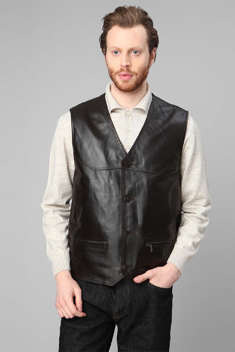 Men's Real Leather Vest - Black #317581