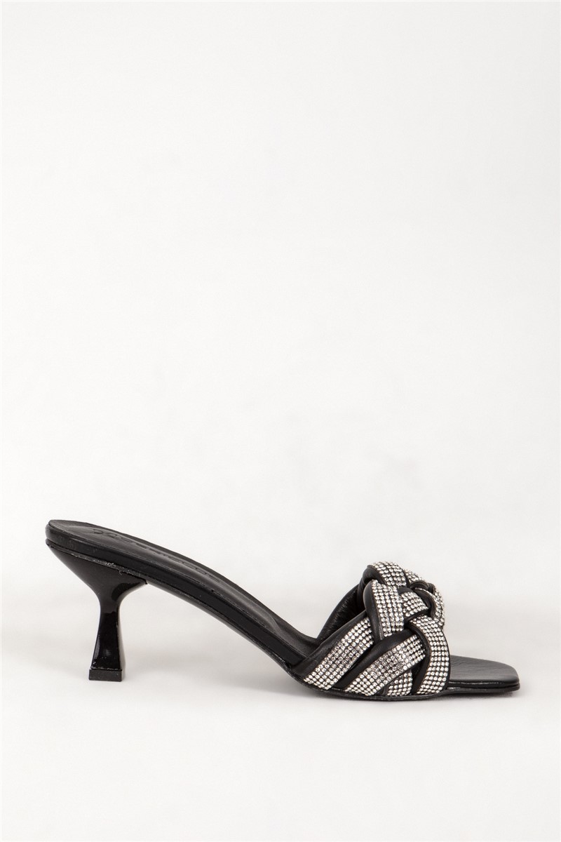 Chinelos femininos elegantes de couro genuíno 7583 - Preto #381991