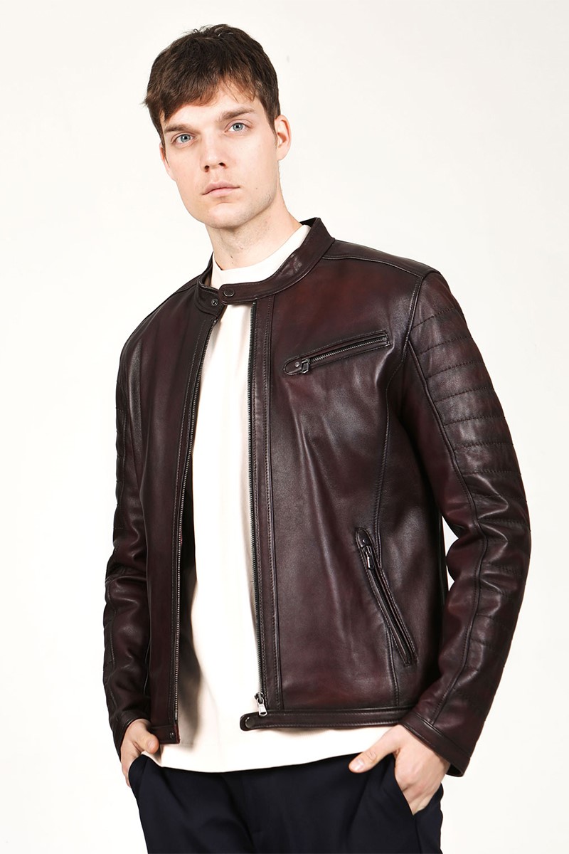 Men's Real Leather Jacket - Burgundy #319121