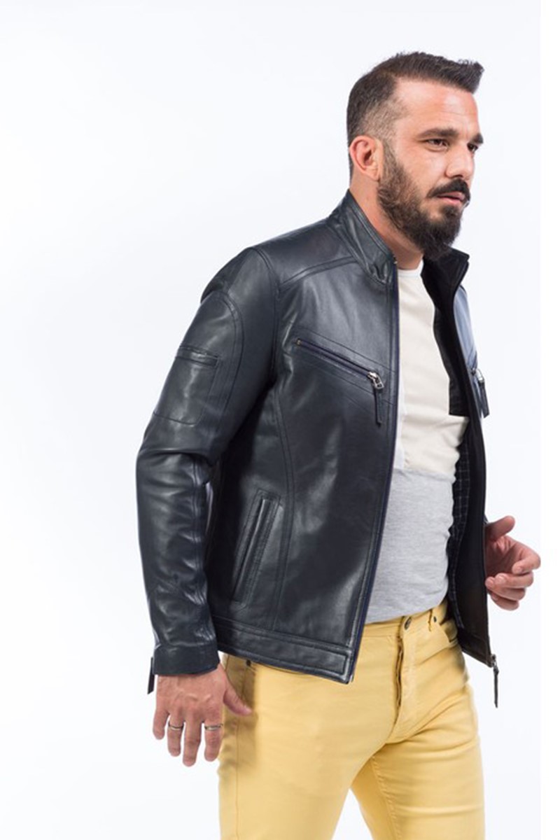 Men's Real Leather Jacket - Dark Blue #317361