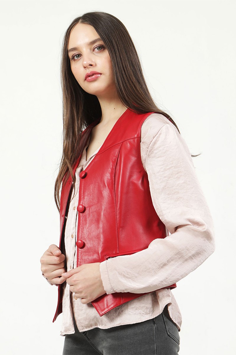 Women's Real Leather Jacket - Red #317368