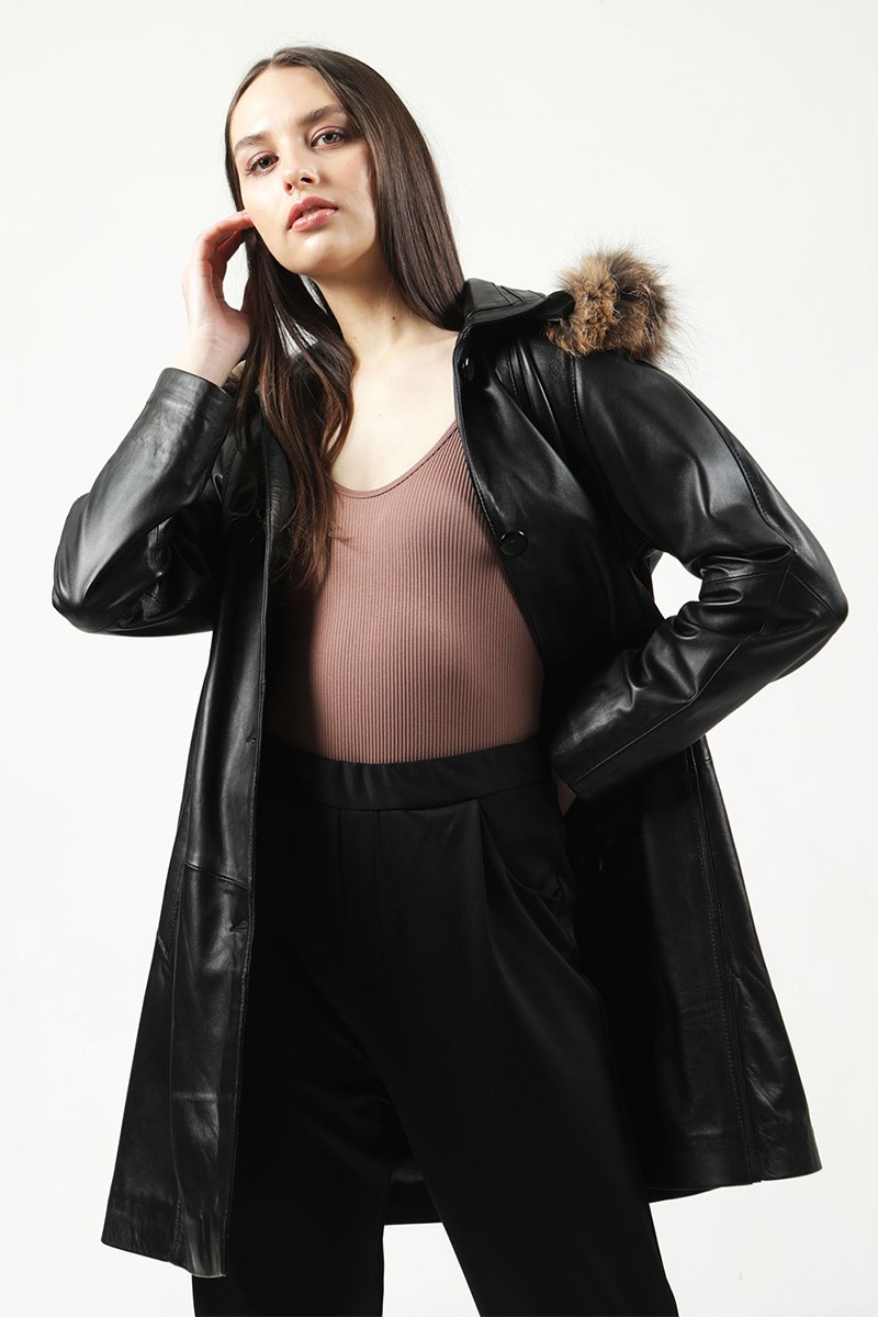 Women's Real Leather Coat - Black #318036