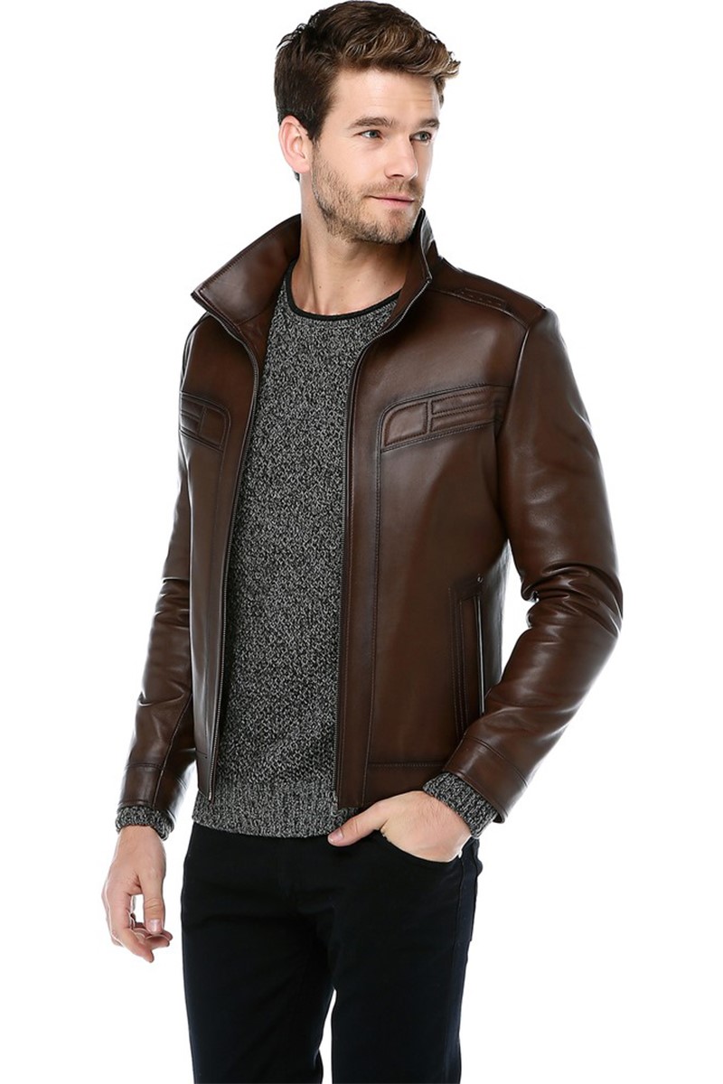 Casaco Masculino de Couro Genuíno E-1003 - Marrom Escuro #319056