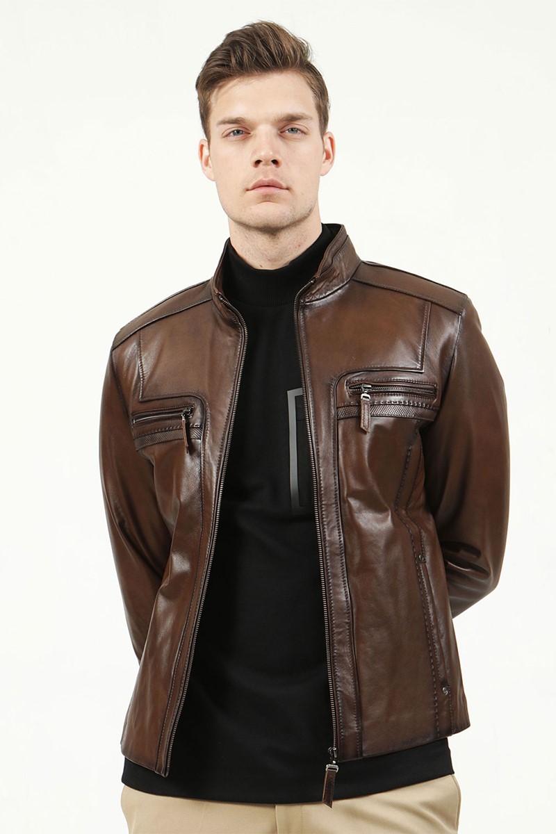 Muška jakna od prave kože E-1004 - smeđa #317604