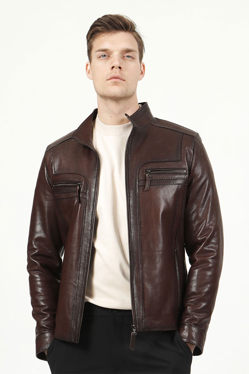 Muška jakna od prave kože E-1004 - tamno smeđa #317601